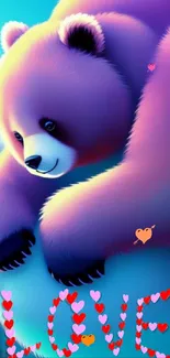 Whimsical purple bear with 'Love' in hearts on a vibrant background.