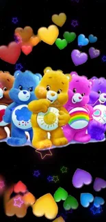 Colorful bears and hearts mobile wallpaper.