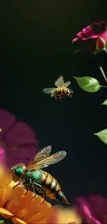 Vibrant bees and roses on a dark background wallpaper.