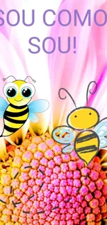 Colorful bee and flower design with cute characters and text.