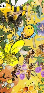 Vibrant mobile wallpaper with cartoon and real bees in a floral backdrop.