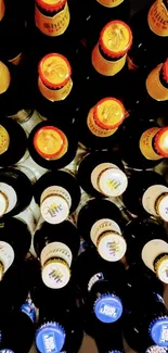 A vibrant collection of beer bottles with colorful tops displayed on a shelf.