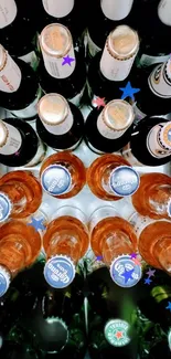 Vibrant beer bottle arrangement with colorful caps and mixed brands.