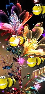 Vibrant 3D bees on colorful floral background wallpaper.