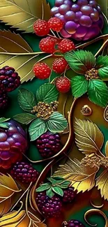 Artistic wallpaper with colorful berries and golden leaves.