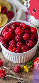 Vibrant wallpaper with raspberries and flowers in a ceramic bowl.