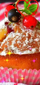 A colorful muffin with berries and sugar sparkles.