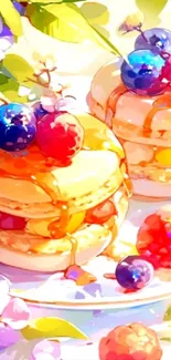 Artistic illustration of berry-topped pancakes dripping with syrup.