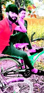 Two friends on bicycles in a colorful field.