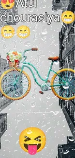 Colorful bicycle against skyscraper cityscape in grayscale backdrop.