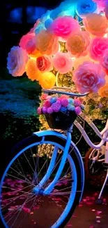 Colorful bike with glowing roses in a vibrant artwork.