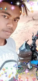 Young man posing with a motorcycle amidst colorful sparkles.