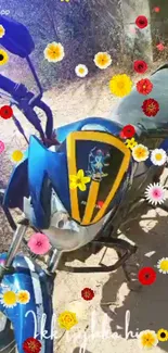 Blue bike adorned with colorful flowers in a vibrant setting wallpaper.