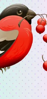 Abstract bird with red berries illustration on mobile wallpaper.