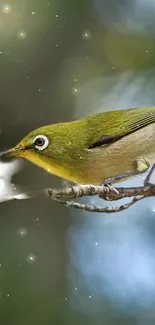 Vibrant green bird perched on blossoming branch.