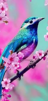 Vibrant bird perched on cherry blossoms, colorful background.