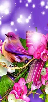 Colorful bird and blossoms on a vibrant purple background.