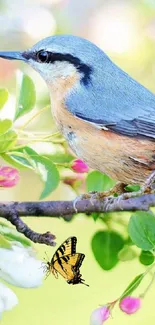 Bird perched on blossoming branch with butterfly, vibrant spring scene.