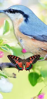 Colorful bird and butterfly mobile wallpaper on a floral background.