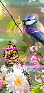 Bird and butterfly in colorful floral setting, vibrant mobile wallpaper.