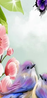 Colorful birds with butterfly and flowers wallpaper.