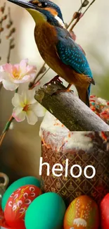 Vibrant bird perched over festive Easter eggs with floral decor.