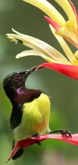 Vibrant bird perched on colorful flowers in nature.