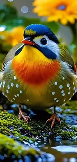 A colorful bird perched surrounded by vibrant flowers in nature.