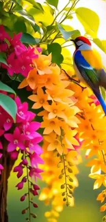 A colorful bird perched on vibrant pink and yellow flowers.
