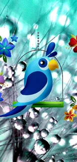 Blue bird surrounded by colorful flowers and a teal background.