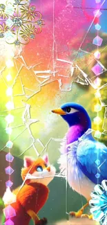 Colorful bird and fox with jewel accents on a vibrant wallpaper.