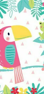 Cartoon bird and frog on vibrant tropical wallpaper.