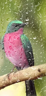 Vibrant bird with raindrop effect on green background.