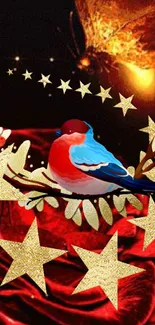 Colorful bird with stars and red floral on wallpaper.