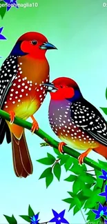 Illustrated birds sitting on a branch with a vivid background.