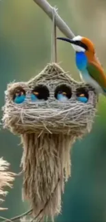 Vibrant bird perched on nest in nature scene.