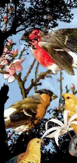 Vibrant birds perched on floral branches, set against a sky blue background.