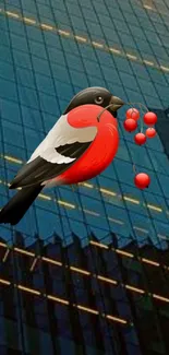 Vibrant red bird with berries against a cityscape background.