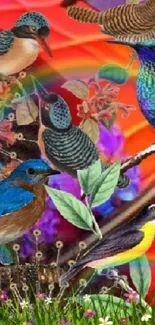 Colorful exotic bird collage on a vibrant background.