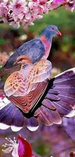 A vibrant pair of birds perched in blossoming branches.