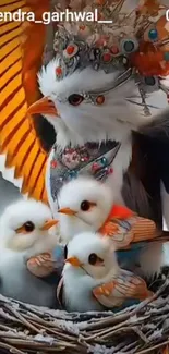 Colorful birds in a nest with artistic decoration.