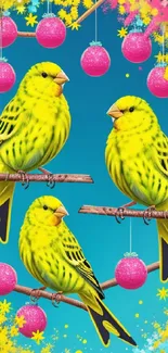 Three yellow birds surrounded by pink baubles and yellow floral bursts.