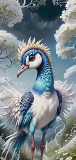 Fantasy bird with blue feathers in a floral landscape.