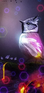 Neon fantasy bird perched on lava, vivid colors.