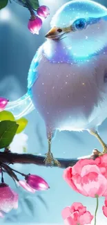 Fantasy bird and flowers on a branch with a magical atmosphere.