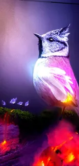 Fantasy bird with vibrant colors on a magical, dreamy background.