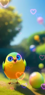 Vibrant fantasy bird with glowing hearts mobile wallpaper.