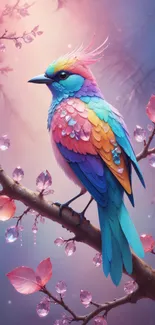 A vibrant, colorful bird on a branch with glowing pink gemstones.