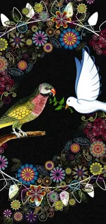 Vibrant birds and floral pattern on black background.