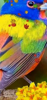 Vibrant feathered bird with autumn leaves background.